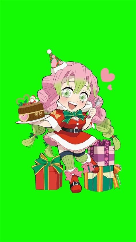 An Anime Character Holding A Cake With Presents Around Her On A Green