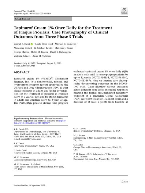 Pdf Tapinarof Cream 1 Once Daily For The Treatment Of Plaque