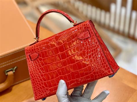 Hi Birkin Mini Kelly Cm Shiny Alligator Crocodile Ferrari Red Gold