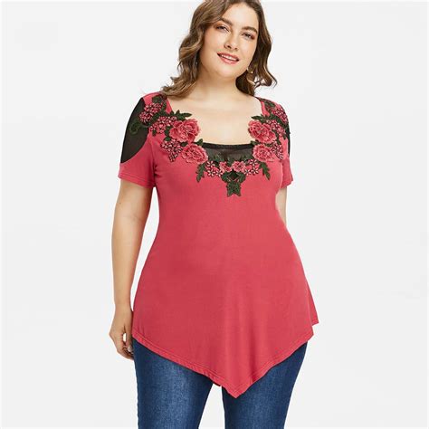 Rosegal Plus Size Mesh Trim Embroidery T Shirt T Shirt Women Square