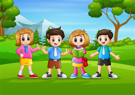 The school children standing in nature background 5949065 Vector Art at ...