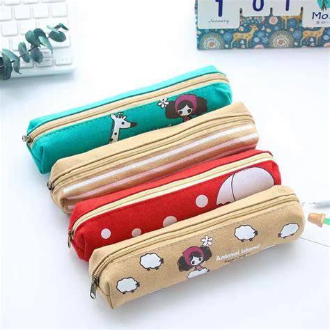 1 Pcs Cute Canvas School Pencil Cases For Girls Boys Retro Square Pencil Bag School Supplies ...