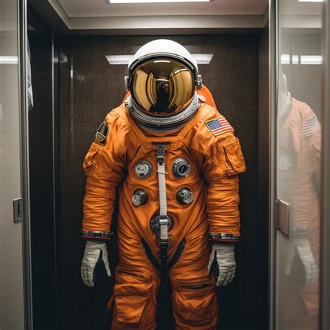 Premium AI Image | an astronaut in an orange suit is standing in a hallway