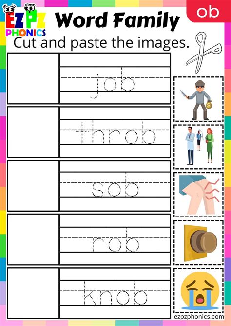 Ob Words Cut And Paste The Images Phonics Word Families Worksheet