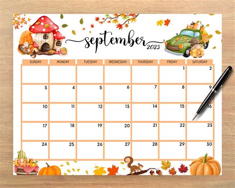 Editable September 2023 Calendar Beautiful Fall Autumn Leaves Etsy Uk