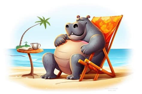 Premium Photo | Funny cartoon fat hippo sitting on broken beach chair