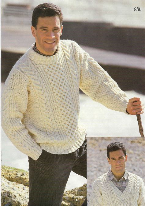 Mens Aran Sweater Knitting Pattern Pdf Chunky Mans Cable Jumper Crew