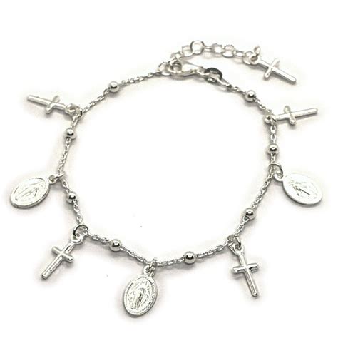 Pulsera Espejo Medalla Milagrosa Y Cruces Plata 925 Joyas GABENA