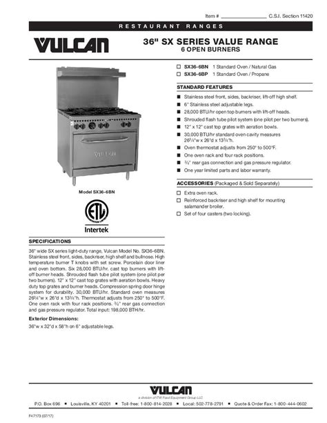 Vulcan Sx36 6b 36 6 Burner Gas Range W Standard Oven