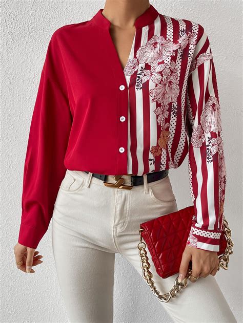 Floral And Striped Print Notched Neck Shirt Blusas Chaquetas Bonitas