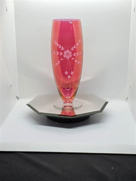 Large Vintage Etched Cranberry Glass Vases Etsy