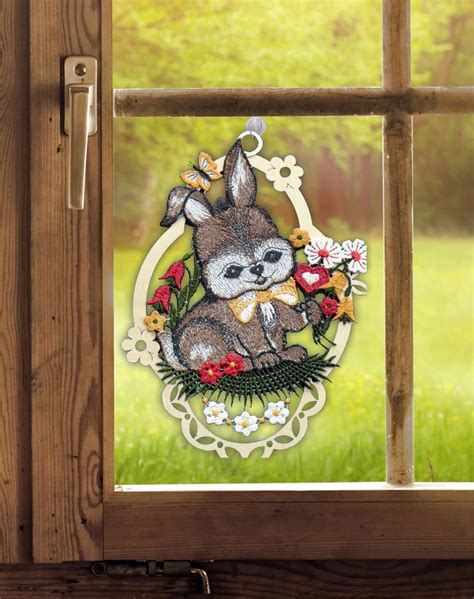 Gardinen Welt Online Shop Fensterbild Hasenjunge Holz Mit Plauener Spitze