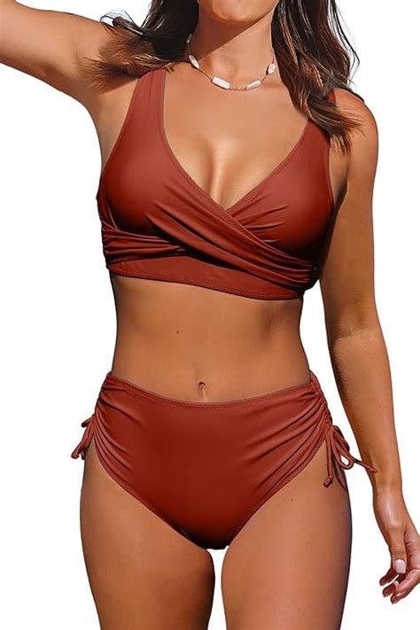 Beachsissi Women High Waisted Swimsuits Criss Cross Drawstring Side