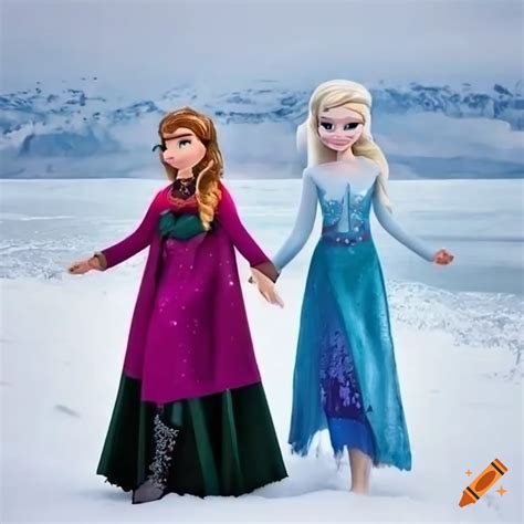 Anna And Elsa From Frozen In Winter Clothing On A Snowy Beach In A Fantasy Setting On Craiyon