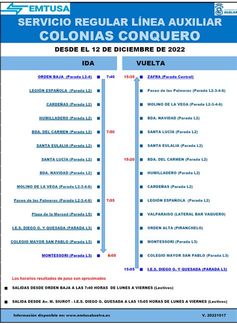 Horario de la Línea Colonias Conquero Emtusa Huelva