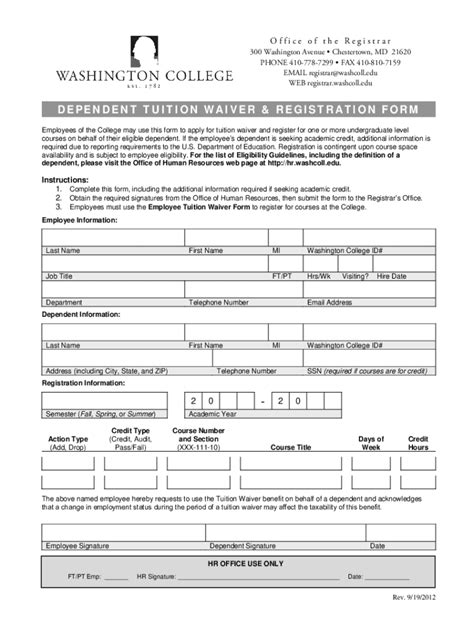 Fillable Online Dependent Tuition Waiver Registration Form Fax Email