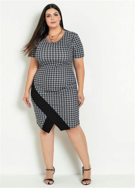 Vestido Midi Pied De Coq Recorte Plus Size Marguerite