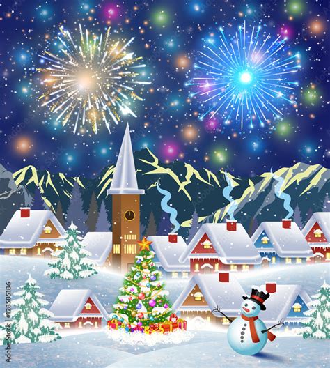 snowy village landscape Stock Vector | Adobe Stock