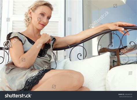 Close Portrait Beautiful Mature Woman Lounging Stock Photo