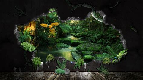 Trees Forest Digital Art Birds Water Rock Nature Wooden Surface