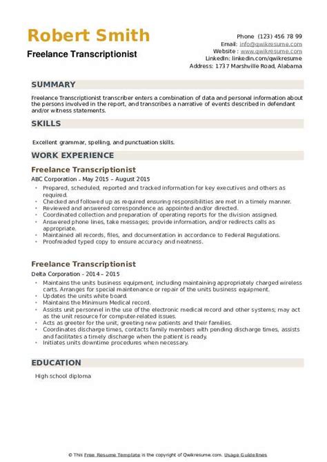 Freelance Transcriptionist Resume Samples Qwikresume