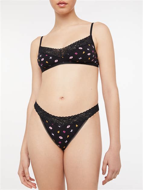 Cotton Essentials Lace Trim Bikini In Black Multi Savage X Fenty