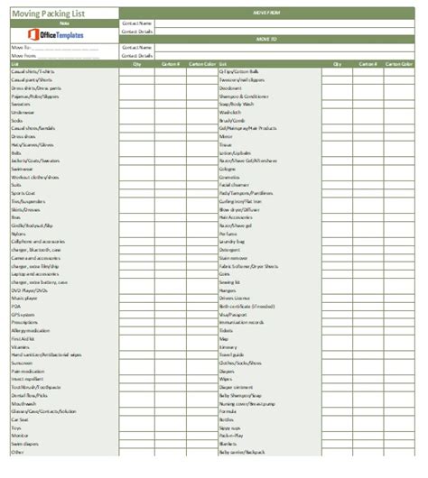 Moving Packing List Templates Office Templates