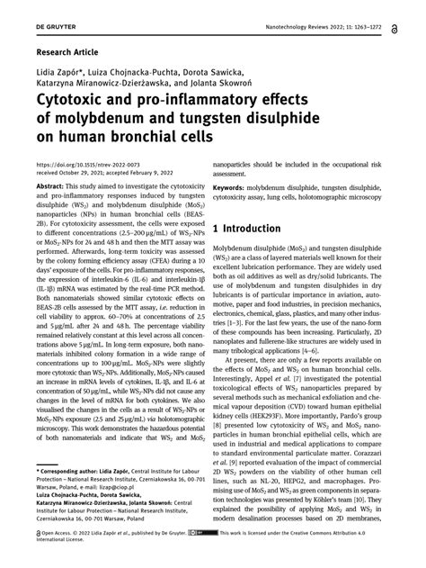 PDF Cytotoxic And Pro Inflammatory Effects Of Molybdenum And Tungsten