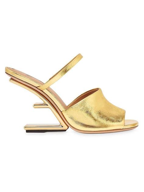 Womens Fendi First Nappa Leather Heeled Sandals Metallic Sandal Heels Crafted With Metallic