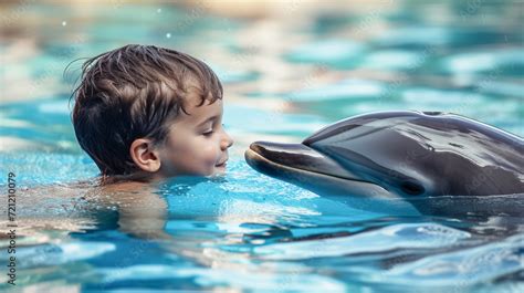 child swimming with dolphin in swimming pool , child has therapy with ...