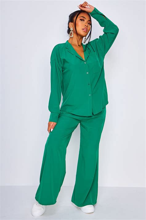 Ensemble Pi Ces Chemise Pantalon Oversize Vert Fonc Brentiny Paris