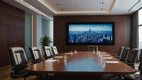 Conference Room With A Large Screen And A Wooden Table Premium Ai