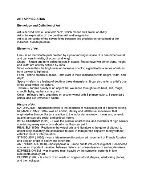 Art Appreciation Handout Art Appreciation Etymology And Definition