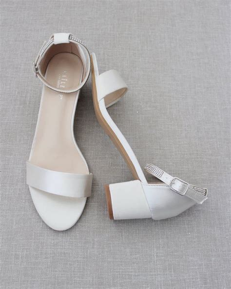 Ivory Satin Block Heel Sandals With Mini Rhinestones Embellished Ankle