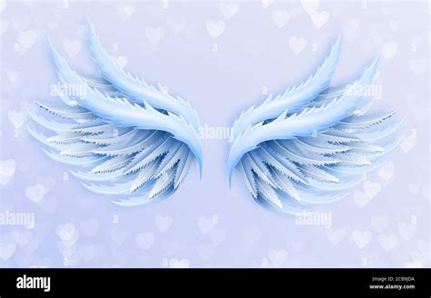 3d illustration, light background with hearts, large blue angel wings ...