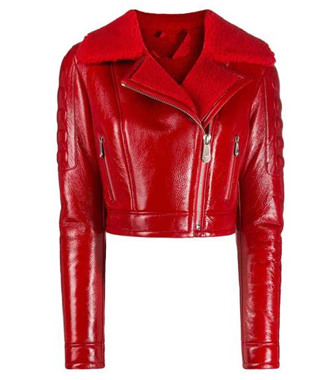 Womens Asymmetrical Shearling Cropped Lainey Red Leather Jacket Jacket Makers