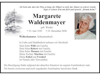 Traueranzeige Margarete Waldenmayer Weiherhammer Oberpfalzecho