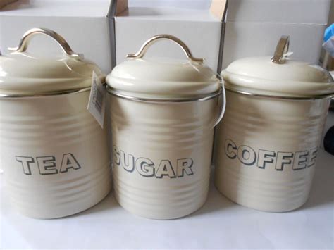 CREAM TRENDY VINTAGE TEA COFFEE SUGAR TINS KITCHEN STORAGE JARS WITH