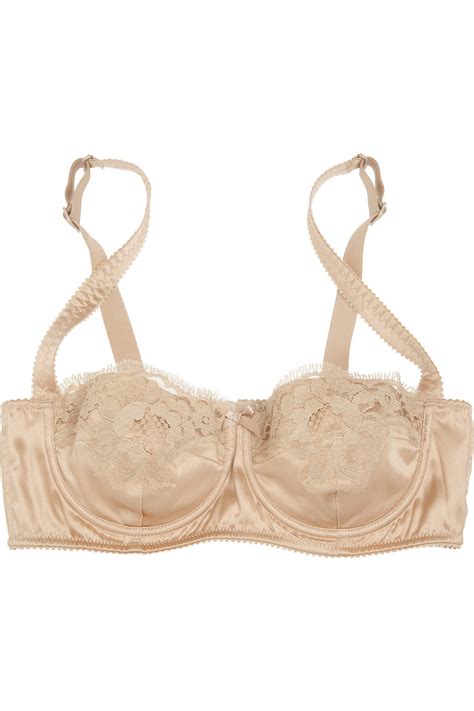 Dolce Gabbana Lace Trimmed Stretch Silk Satin Balconette Bra In Brown