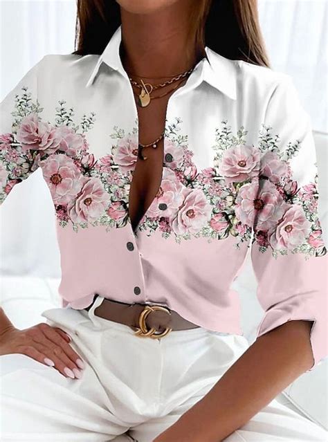 Damen Hemd Bluse Rosa Blau Purpur Blumen Taste Bedruckt Langarm