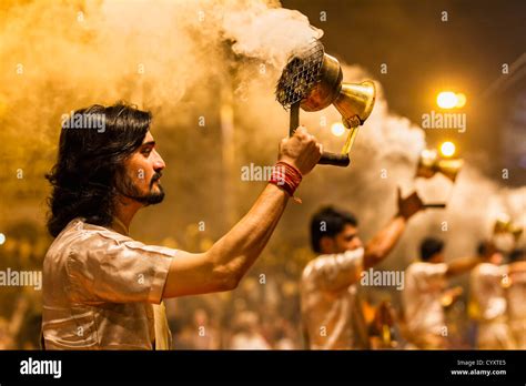 India, Uttar Pradesh, Priests celebrating River Ganges Aarti Stock ...