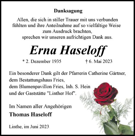 Traueranzeigen Von Erna Haseloff M Rkische Onlinezeitung Trauerportal