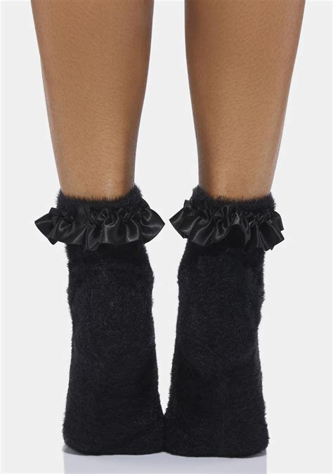 Fuzzy Satin Ruffle Trim Ankle Socks Black Dolls Kill