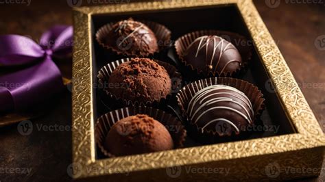 A decorative box of assorted chocolates, showcasing rich textures and