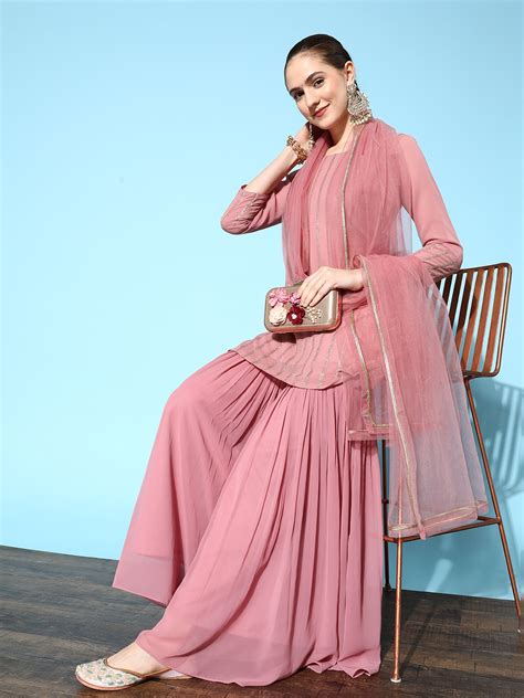 Buy Inddus Women Pink Embroidered Kurti With Sharara With Dupatta