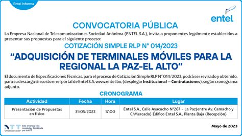 ENTEL S A on Twitter CONVOCATORIA PÚBLICA Cotización Simple RLP Nº