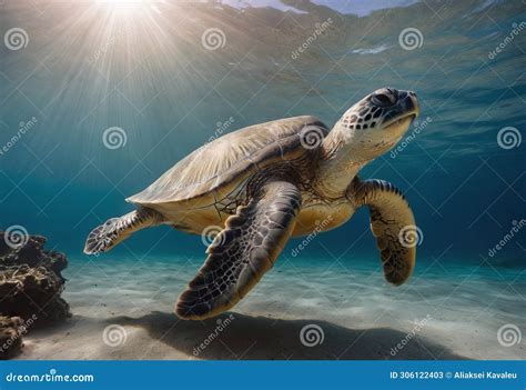 A Magnificent Giant Golden Sea Turtle Spreads Its Paws And Swims In The