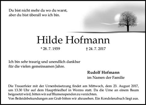 Traueranzeigen Von Hilde Hofmann Vrm Trauer De