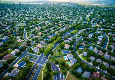 Bird`s Eye View Suburbia Modern Homes Vast Texas Hill Country Stock