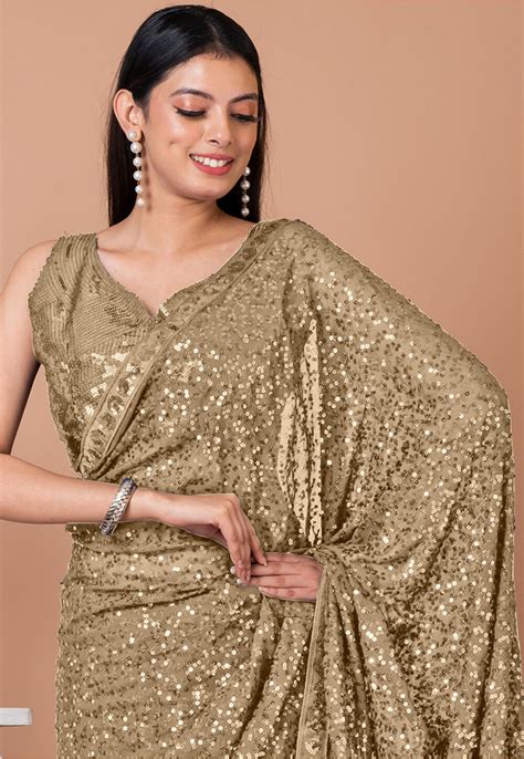 Buy Sequinned Georgette Saree In Beige Online Scsa Utsav Fashion